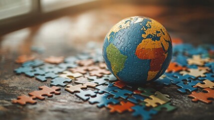 Different colored puzzle pieces fitting together to form a globe, symbolizing collaboration and unity in solving global challenges, minimalistic photography style