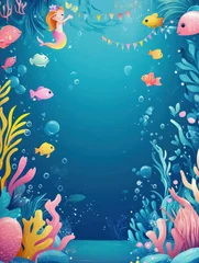 Mermaid birthday party for baby poster template. Cartoon cute girls invite, sea fish and underwater tale world elements. Little princess nowaday vector background