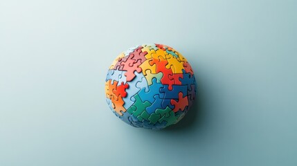 Different colored puzzle pieces interlocking to form a globe, representing global unity and cooperation, minimalistic photography style