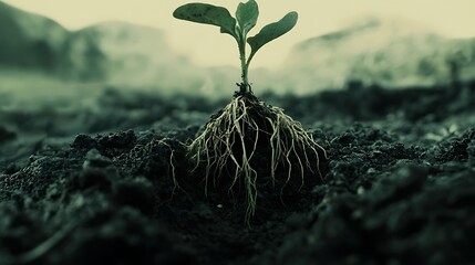 Young Plant Sprouting Roots in Dark Soil