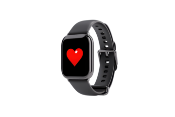 A sleek smartwatch displaying a red heart icon on its screen, symbolizing health monitoring and fitness tracking.