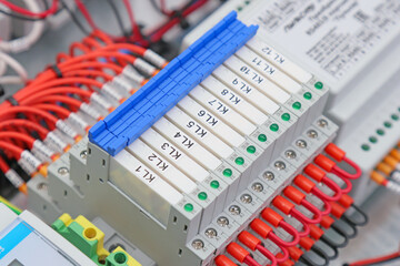 An ultra-thin intermediate relay in an electrical switchboard.