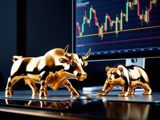 Forex, XAUUSD, A golden bull and bear figurine sit on a desk in front of a financial chart, symbolizing market trends and investment dynamics.