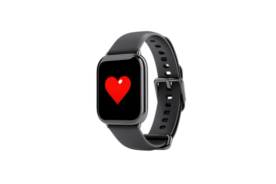 A sleek smartwatch displaying a red heart icon on its screen, symbolizing health monitoring and fitness tracking.