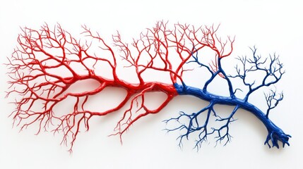 Stylized anatomical blood system, showing red veins and blue arteries, clean white backdrop for focus