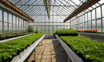 A bright greenhouse filled with rows of vibrant green plants and seedlings.