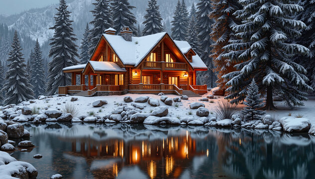 Snowy winter cabin with warm light reflections on the lake and pine trees background