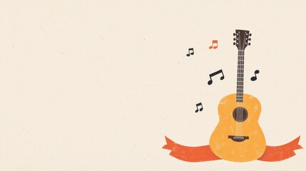 Includes a banner in the lower corner for artist details. Simple vector-style music festival design with a beige backdrop, a brown guitar silhouette, and scattered musical notes.