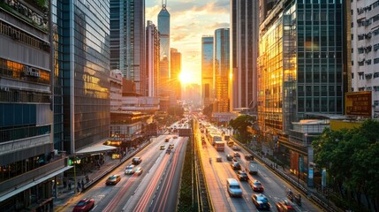 Obraz premium A cityscape at sunset with traffic, tall buildings, and pedestrians, ideal for capturing an urban lifestyle mood.