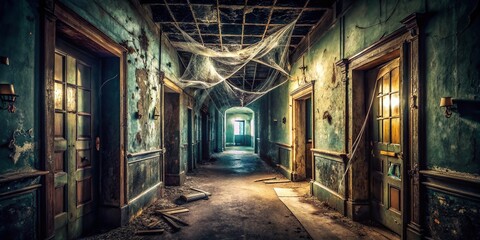 Fototapeta premium Eerie Haunted House Corridor: Capturing the Intriguing Architecture of a Spooky Abandoned Building with Shadows, Dust, and Haunting Details in a Documentary Style