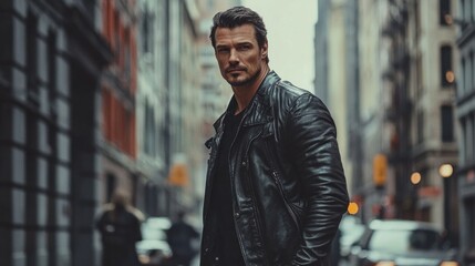 A man in a leather jacket, walking along an urban street with a confident, stylish attitude.