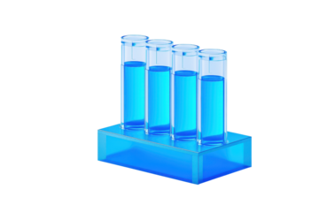 Four glass test tubes filled with blue liquid, arranged in a blue holder.
