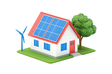 A modern house featuring solar panels, a wind turbine, and a lush tree, emphasizing sustainable living and renewable energy.