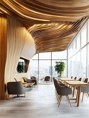 Fototapeta premium Openspace office interior design with wooden wall and tables, waiting area, tails floor and big window with city view. 3D rendering