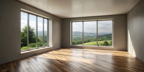 Fototapeta premium Sunlight streams through large windows overlooking a scenic landscape, illuminating a room with hardwood floors and a minimalist design.