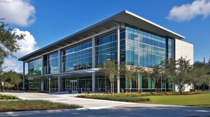 Modern glass building with landscaped surroundings and clear blue sky.
