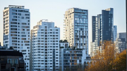 Fototapeta premium Diverse architectural styles blending in a modern cityscape, symbolizing cultural diversity and urban harmony, minimalistic photography style