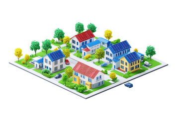 A vibrant, colorful miniature neighborhood featuring various houses, trees, and roads arranged in an appealing layout.