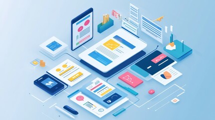Obraz premium Isometric Illustration of Digital Devices and Data Analysis