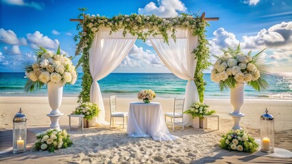 Elegant Beach Outdoor Wedding Decoration with Floral Arrangements in White Theme, Perfect for Romantic Ceremonies, Featuring Aisle, Arch, and Centerpieces Amidst Scenic Coastal Views