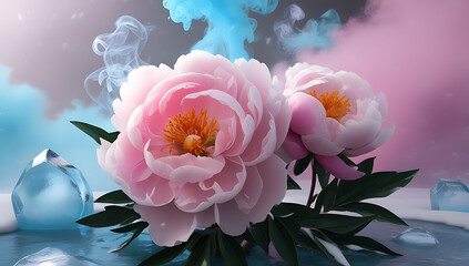 Peony flowers with a 'Crystal Ice' theme, showcase their delicate beauty amidst sparkling ice crystals and frosty surroundings, creating a striking and enchanting contrast. Created with Generative AI