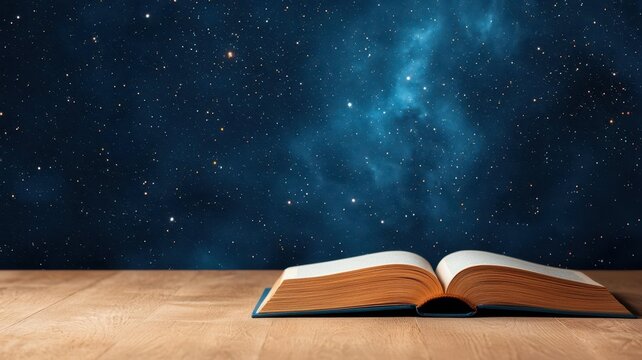 A magical children s book with constellations and cosmic phenomena emerging from its pages, set in a starry night