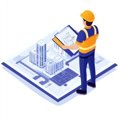 Engineer reviewing building blueprints.