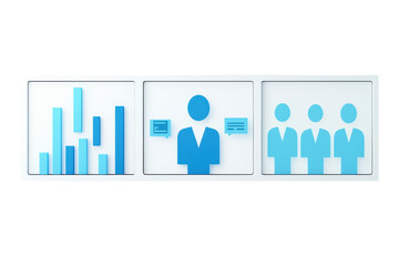 A series of icons representing data analysis, a person in a suit, and a group of professionals.