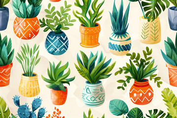 A creative illustration of green houseplants in colorful ceramic pots. Generative AI tools