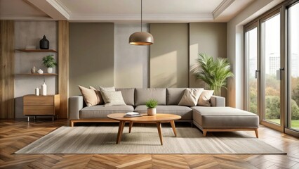 Modern living room with a sectional sofa, a coffee table, a rug, and a plant in a pot, overlooking a cityscape through large windows