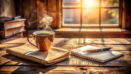 A steaming cup of coffee, a notebook, and a pen resting on a wooden table bathed in warm sunlight.