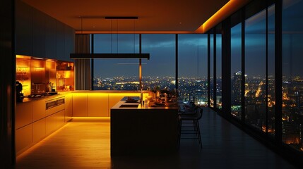A luxurious evening in a high-end penthouse, with modern lighting, panoramic city views, and a gourmet chef preparing dinner.