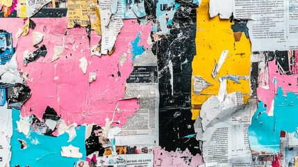 Fototapeta premium Close-up wall covered various pieces newspaper magazine are Grungy abstract backdrop featuring