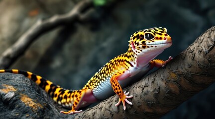 Obraz premium Leopard Gecko on Twigs: A Cinematic Nature Portrait