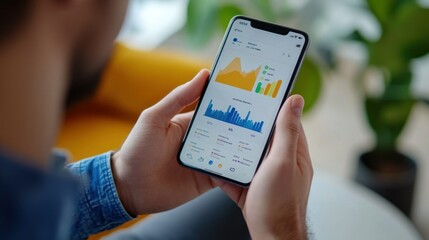Person using a smartphone with data visualization and graphs