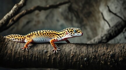 Obraz premium Leopard Gecko on Twigs: A Cinematic Nature Portrait