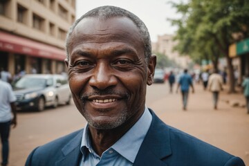Close portrait of a smiling senior Nigerien businessman looking at the camera, Nigerien big city outdoors blurred background