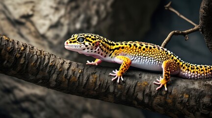 Obraz premium Leopard Gecko on Twigs: A Cinematic Nature Portrait