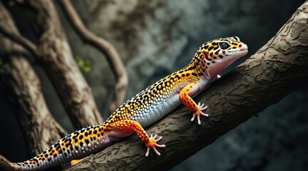 Obraz premium Leopard Gecko on Twigs: A Cinematic Nature Portrait