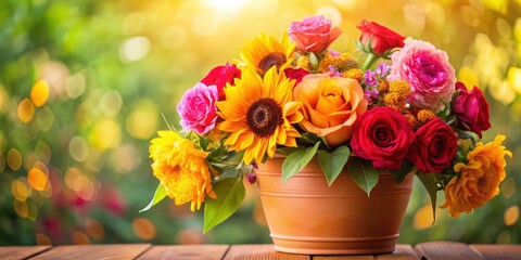 Fototapeta premium A vibrant bouquet of sunflowers, roses, and other colorful blooms arranged in a terracotta pot, sitting on a wooden table against a blurred background of green foliage and warm sunlight.
