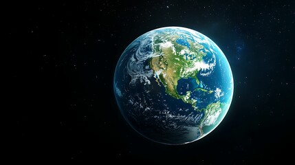 Obraz premium A vibrant view of Earth from space, showcasing its blue oceans, green landmasses, and swirling clouds against a dark starry background.