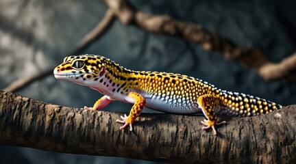 Obraz premium Leopard Gecko on Twigs: A Cinematic Nature Portrait
