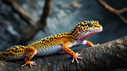 Naklejka premium Leopard Gecko on Twigs: A Cinematic Nature Portrait