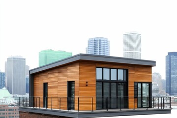 Modern rooftop dwelling, cityscape backdrop.