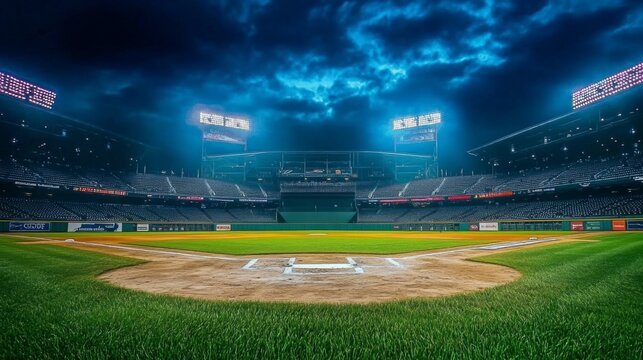 Baseball stadium night filled rows empty seats sky illuminated
