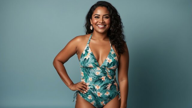 A confident fijian woman in a stylish bikini swimsuit stands in a studio, smiling at the camera with copy space