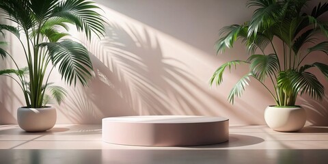 Obraz premium A Minimalistic Display with Palm Trees and Natural Sunlight Casting Long Shadows on a Dusty Pink Wall