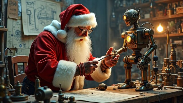 Caucasian elderly male santa building vintage robot in workshop