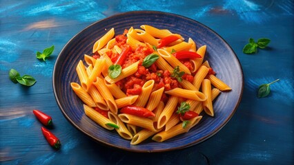 A hearty portion of penne pasta with a rich tomato sauce, adorned with fresh basil leaves and a sprinkle of red pepper flakes.