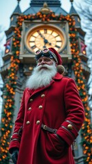 Festive caucasian male santa in red coat and goggles at clock with lights
